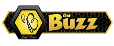 Graf Bees Logo - Black hexagon stretched wide with light colored hexagons shown on the black. In gold, the words 'The Buzz' are shown with a b that looks like a bee.